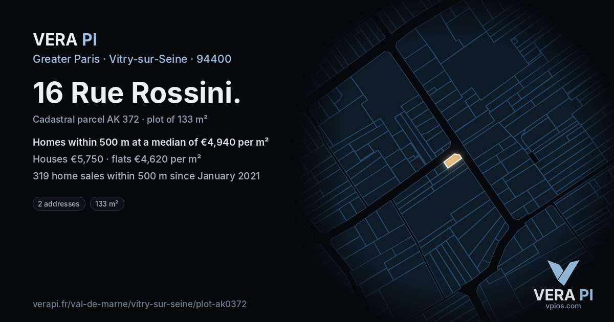 16 Rue Rossini, Vitry-sur-Seine at night – the plot lit, the parcels around coloured by the prices near them