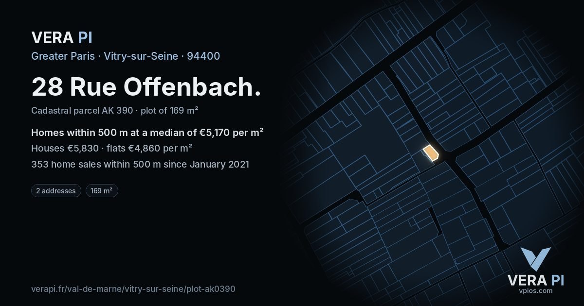 28 Rue Offenbach, Vitry-sur-Seine at night – the plot lit, the parcels around coloured by the prices near them
