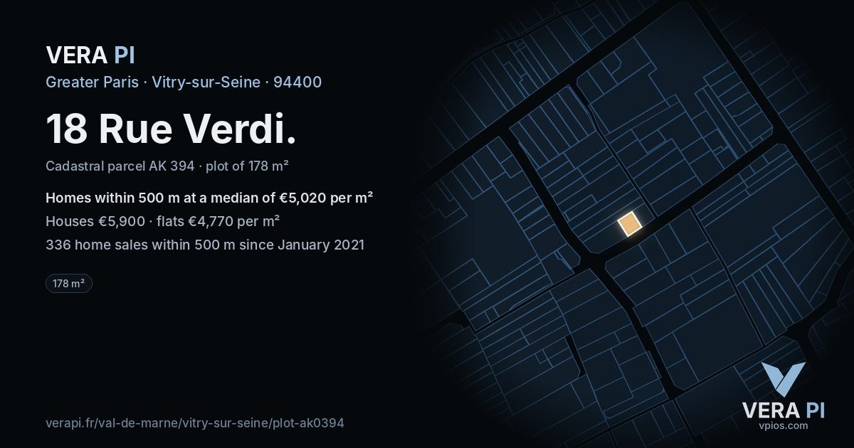 18 Rue Verdi, Vitry-sur-Seine at night – the plot lit, the parcels around coloured by the prices near them