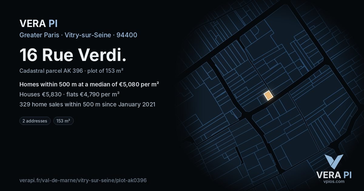 16 Rue Verdi, Vitry-sur-Seine at night – the plot lit, the parcels around coloured by the prices near them