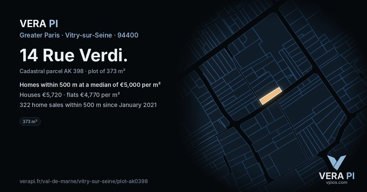 14 Rue Verdi, Vitry-sur-Seine at night – the plot lit, the parcels around coloured by the prices near them