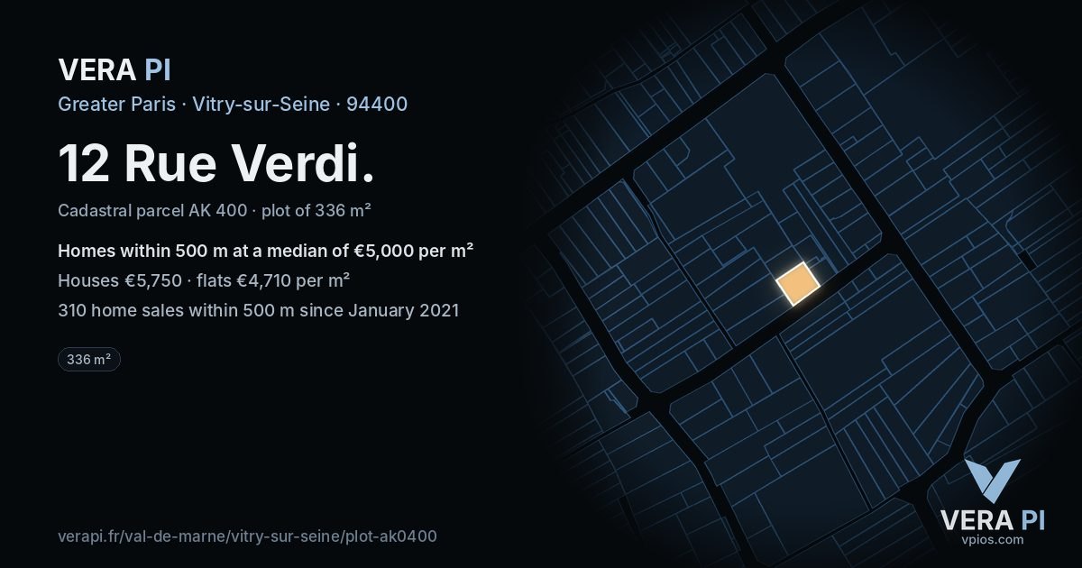 12 Rue Verdi, Vitry-sur-Seine at night – the plot lit, the parcels around coloured by the prices near them