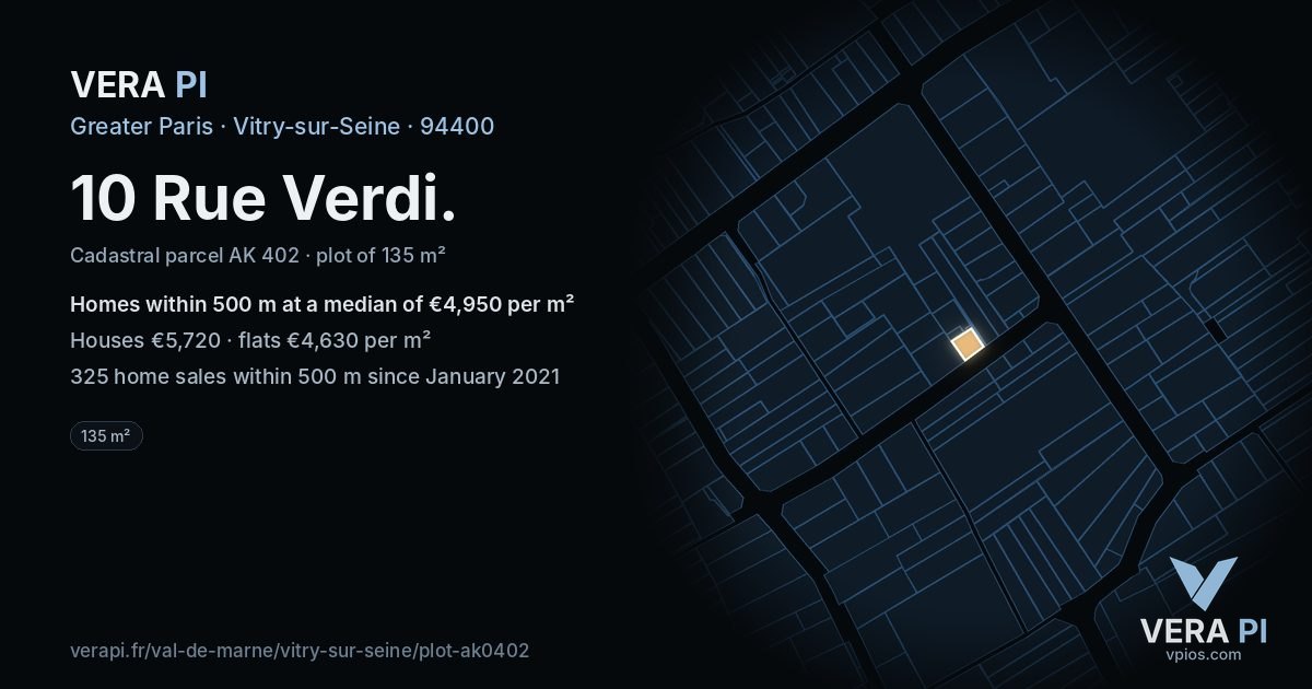 10 Rue Verdi, Vitry-sur-Seine at night – the plot lit, the parcels around coloured by the prices near them