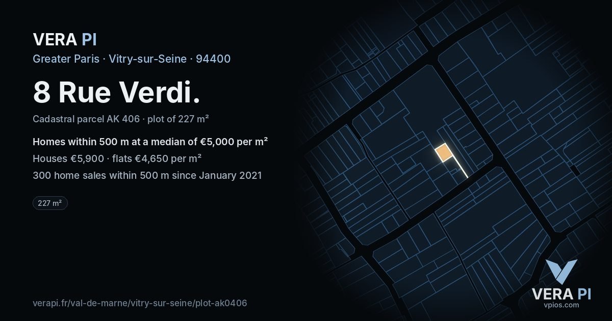 8 Rue Verdi, Vitry-sur-Seine at night – the plot lit, the parcels around coloured by the prices near them