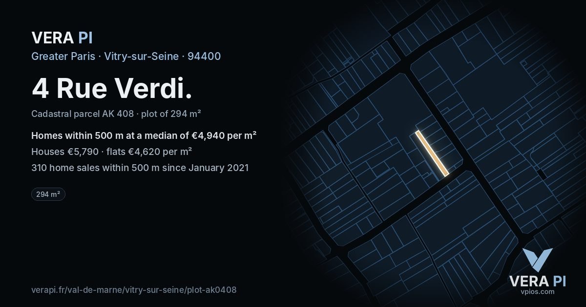 4 Rue Verdi, Vitry-sur-Seine at night – the plot lit, the parcels around coloured by the prices near them