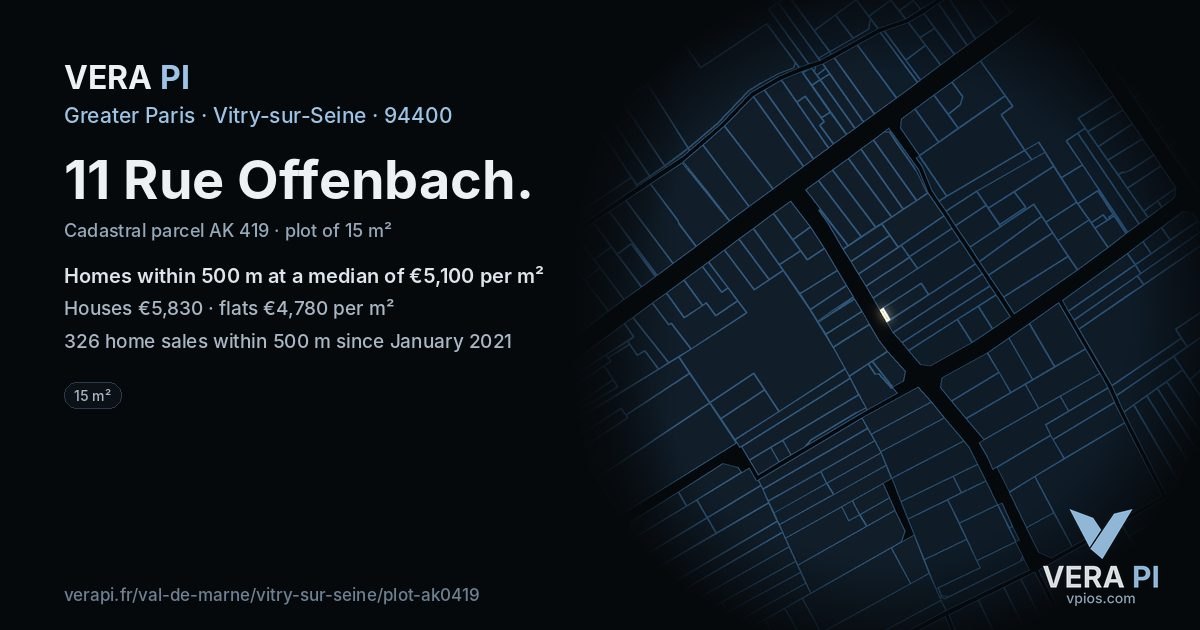 11 Rue Offenbach, Vitry-sur-Seine at night – the plot lit, the parcels around coloured by the prices near them