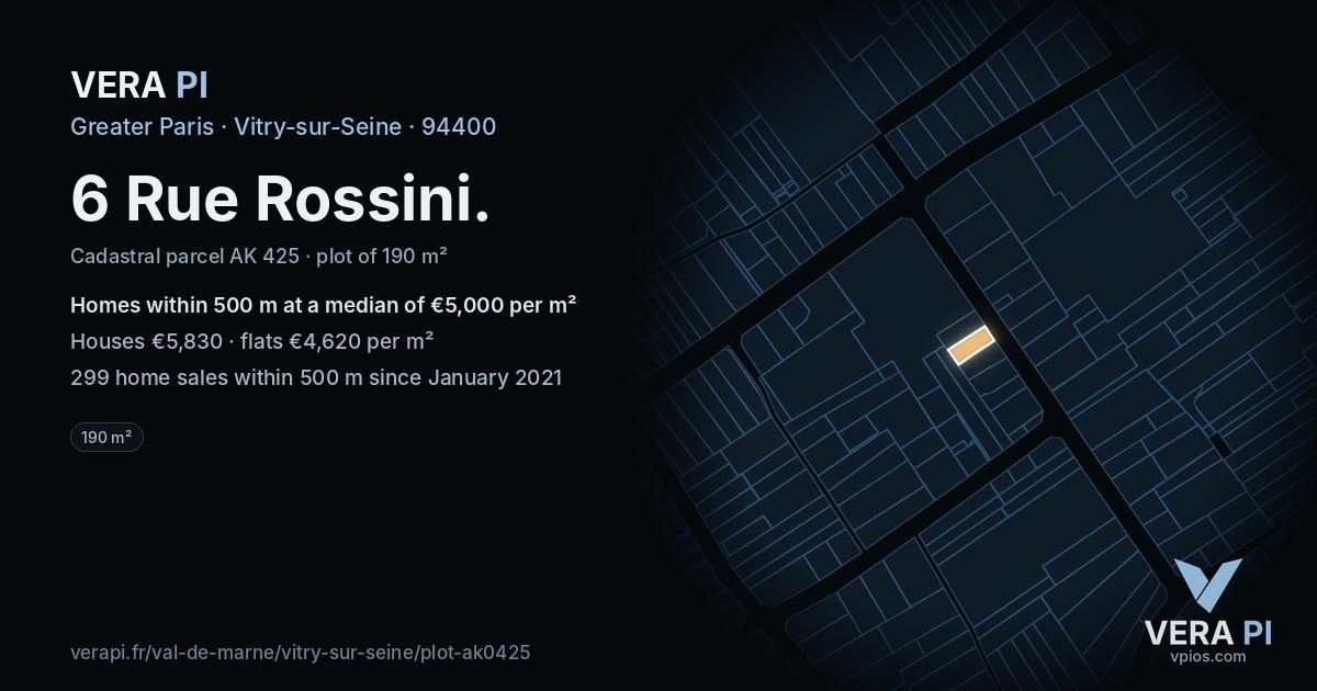 6 Rue Rossini, Vitry-sur-Seine at night – the plot lit, the parcels around coloured by the prices near them