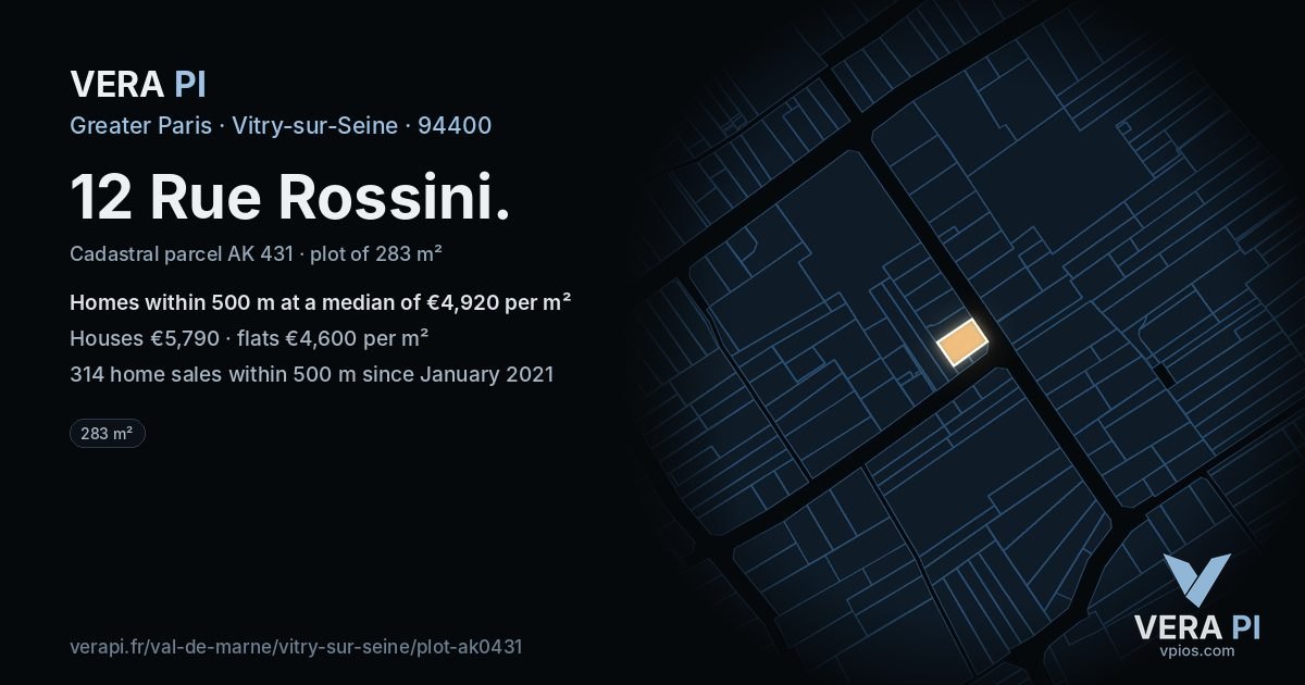 12 Rue Rossini, Vitry-sur-Seine at night – the plot lit, the parcels around coloured by the prices near them