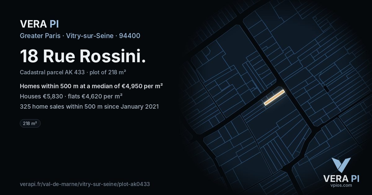 18 Rue Rossini, Vitry-sur-Seine at night – the plot lit, the parcels around coloured by the prices near them