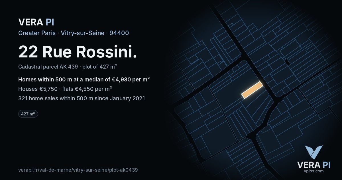 22 Rue Rossini, Vitry-sur-Seine at night – the plot lit, the parcels around coloured by the prices near them