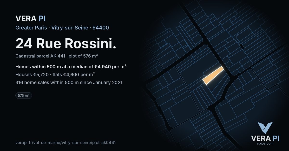 24 Rue Rossini, Vitry-sur-Seine at night – the plot lit, the parcels around coloured by the prices near them