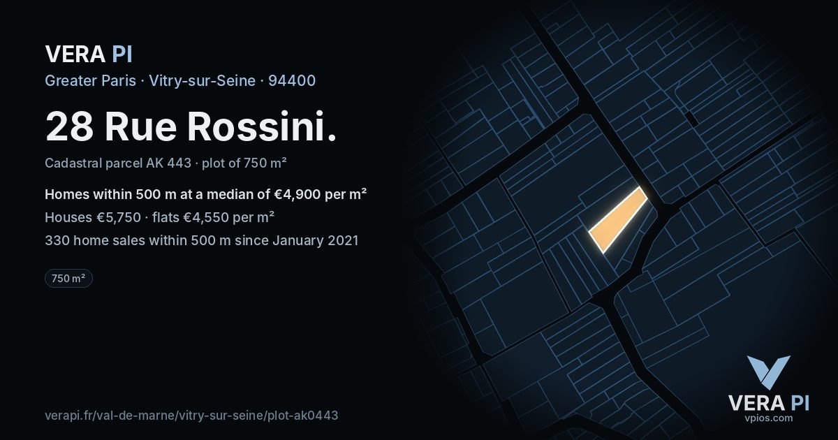 28 Rue Rossini, Vitry-sur-Seine at night – the plot lit, the parcels around coloured by the prices near them