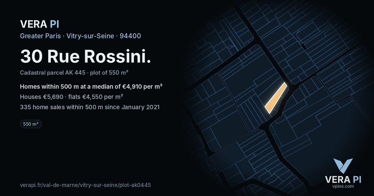 30 Rue Rossini, Vitry-sur-Seine at night – the plot lit, the parcels around coloured by the prices near them