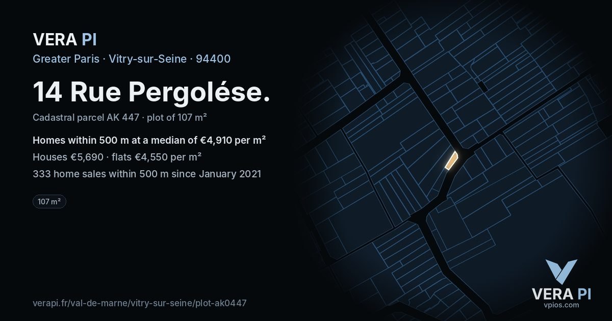 14 Rue Pergolése, Vitry-sur-Seine at night – the plot lit, the parcels around coloured by the prices near them