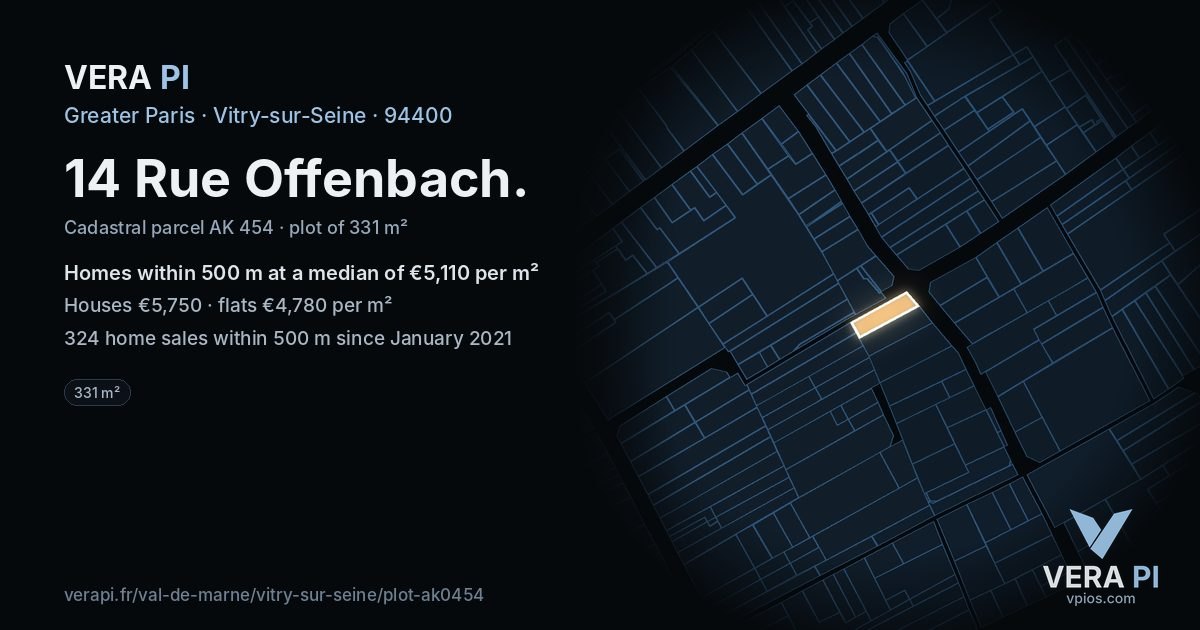 14 Rue Offenbach, Vitry-sur-Seine at night – the plot lit, the parcels around coloured by the prices near them