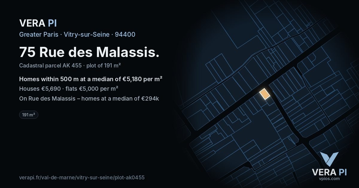 75 Rue des Malassis, Vitry-sur-Seine at night – the plot lit, the parcels around coloured by the prices near them