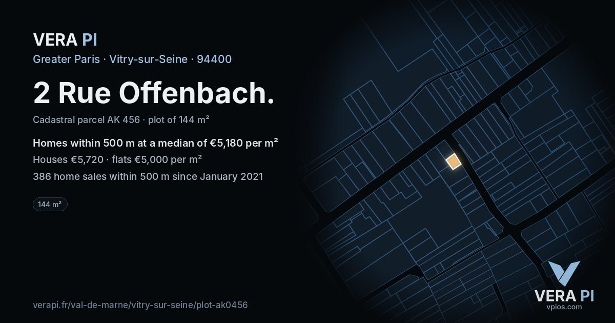 2 Rue Offenbach, Vitry-sur-Seine at night – the plot lit, the parcels around coloured by the prices near them