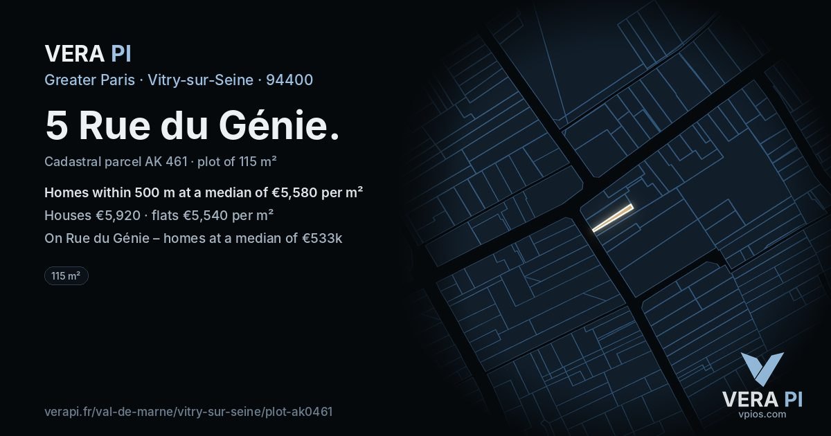5 Rue du Génie, Vitry-sur-Seine at night – the plot lit, the parcels around coloured by the prices near them
