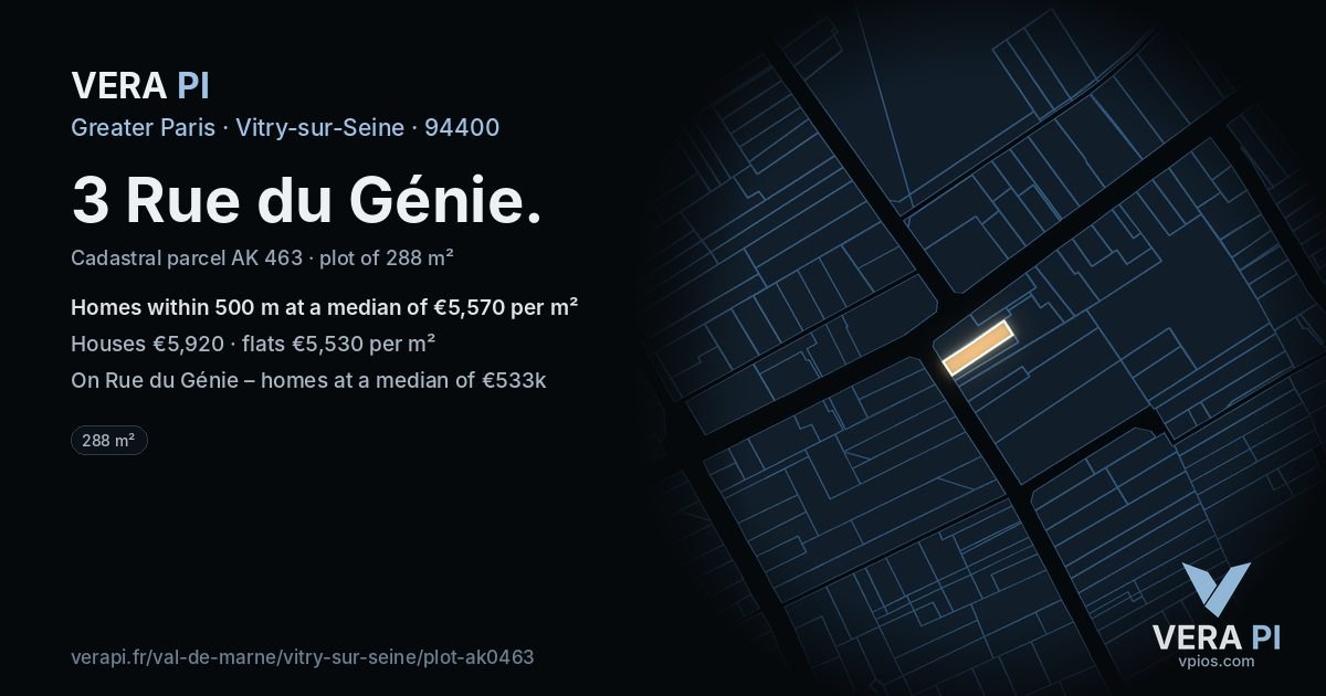 3 Rue du Génie, Vitry-sur-Seine at night – the plot lit, the parcels around coloured by the prices near them