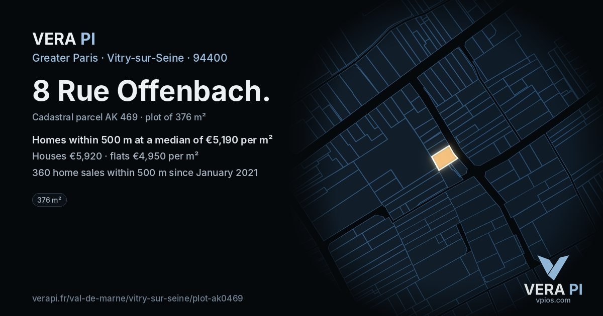 8 Rue Offenbach, Vitry-sur-Seine at night – the plot lit, the parcels around coloured by the prices near them