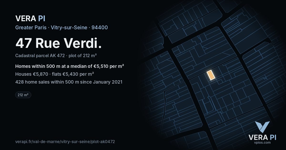 47 Rue Verdi, Vitry-sur-Seine at night – the plot lit, the parcels around coloured by the prices near them