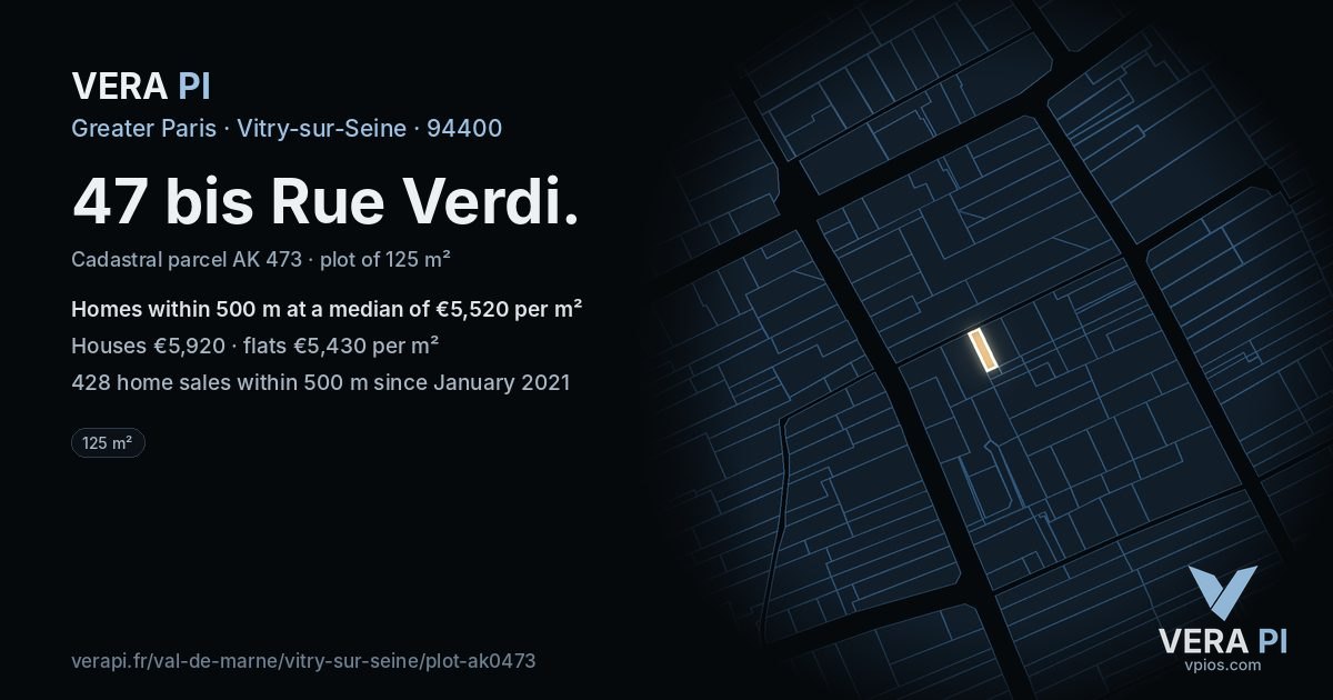 47 bis Rue Verdi, Vitry-sur-Seine at night – the plot lit, the parcels around coloured by the prices near them
