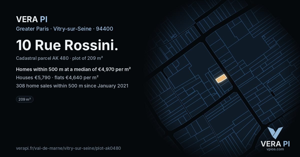 10 Rue Rossini, Vitry-sur-Seine at night – the plot lit, the parcels around coloured by the prices near them