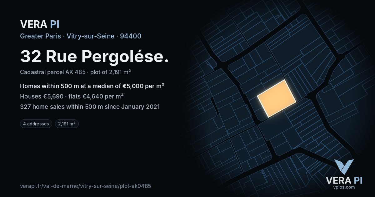 32 Rue Pergolése, Vitry-sur-Seine at night – the plot lit, the parcels around coloured by the prices near them