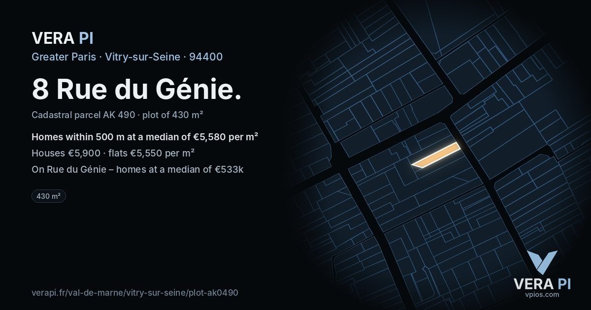8 Rue du Génie, Vitry-sur-Seine at night – the plot lit, the parcels around coloured by the prices near them