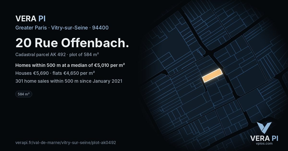 20 Rue Offenbach, Vitry-sur-Seine at night – the plot lit, the parcels around coloured by the prices near them