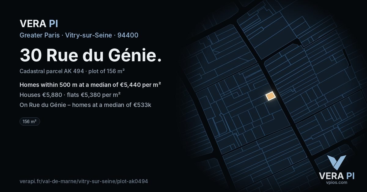 30 Rue du Génie, Vitry-sur-Seine at night – the plot lit, the parcels around coloured by the prices near them
