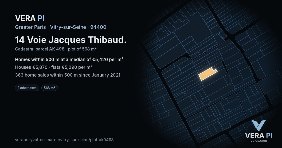 14 Voie Jacques Thibaud, Vitry-sur-Seine at night – the plot lit, the parcels around coloured by the prices near them