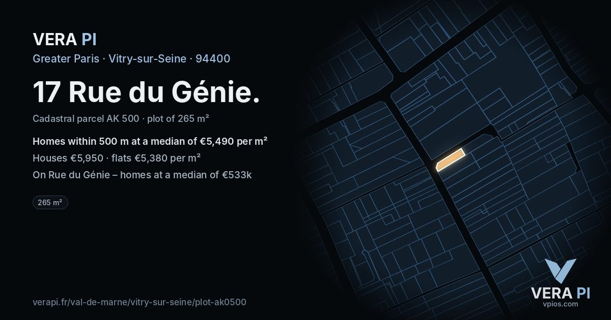 17 Rue du Génie, Vitry-sur-Seine at night – the plot lit, the parcels around coloured by the prices near them