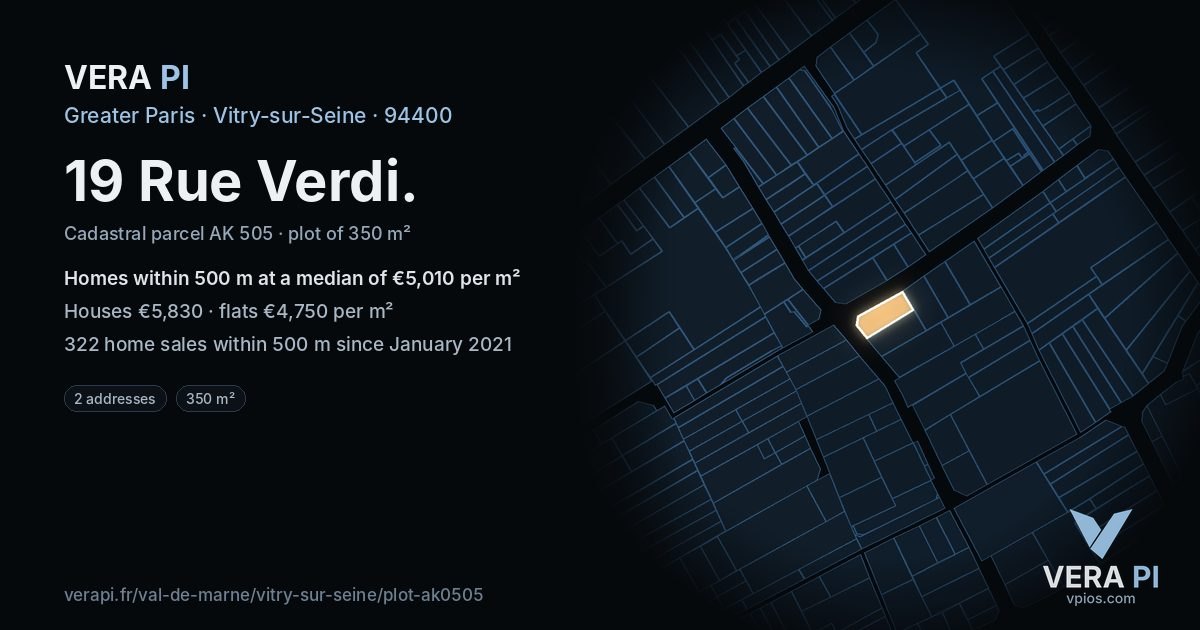 19 Rue Verdi, Vitry-sur-Seine at night – the plot lit, the parcels around coloured by the prices near them