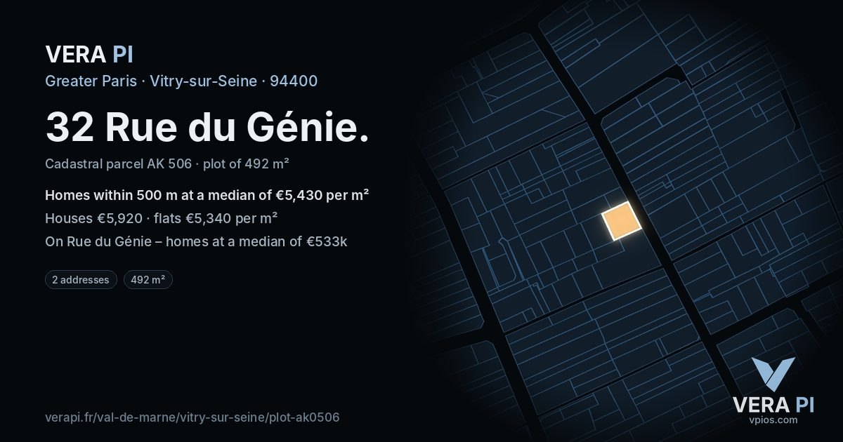 32 Rue du Génie, Vitry-sur-Seine at night – the plot lit, the parcels around coloured by the prices near them