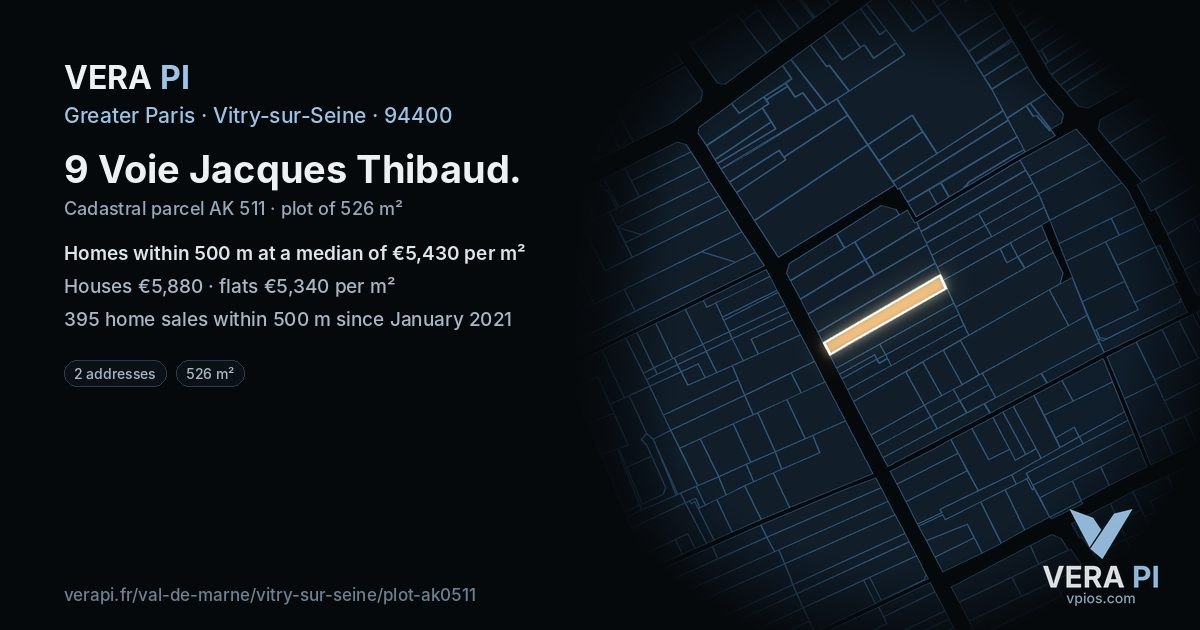 9 Voie Jacques Thibaud, Vitry-sur-Seine at night – the plot lit, the parcels around coloured by the prices near them