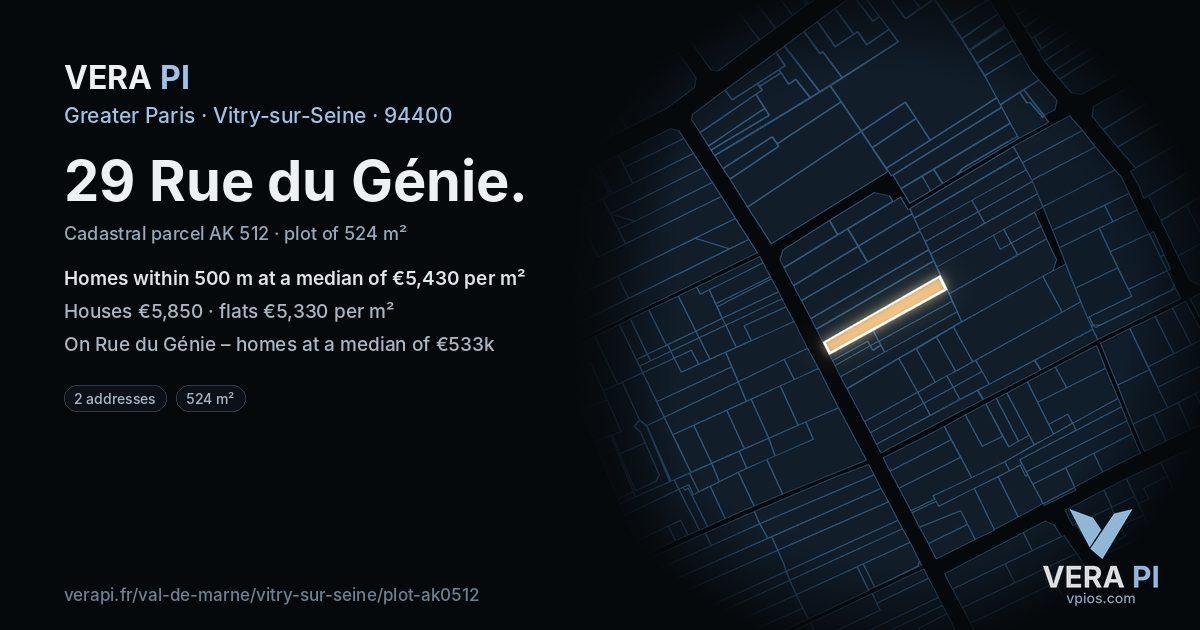 29 Rue du Génie, Vitry-sur-Seine at night – the plot lit, the parcels around coloured by the prices near them