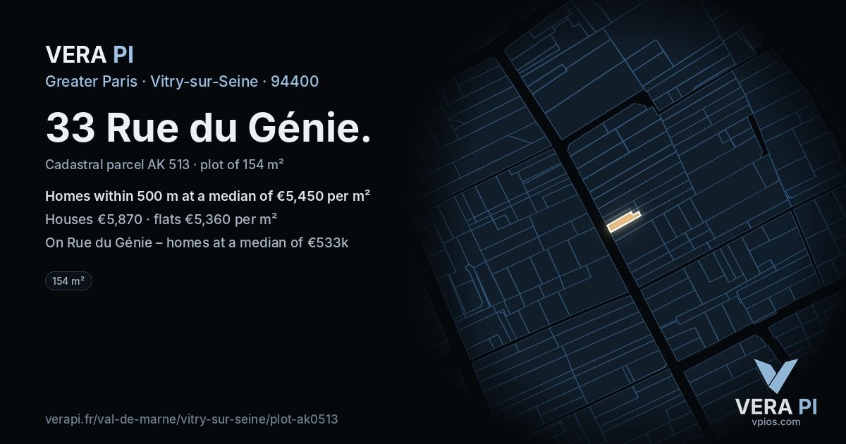 33 Rue du Génie, Vitry-sur-Seine at night – the plot lit, the parcels around coloured by the prices near them