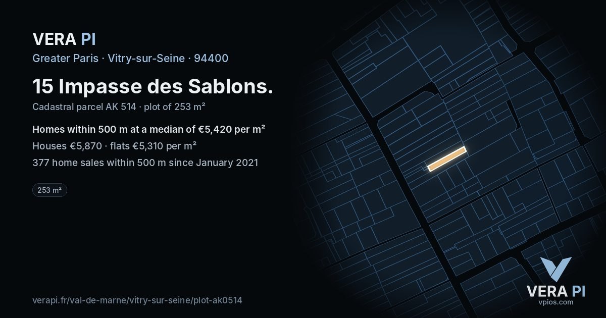 15 Impasse des Sablons, Vitry-sur-Seine at night – the plot lit, the parcels around coloured by the prices near them
