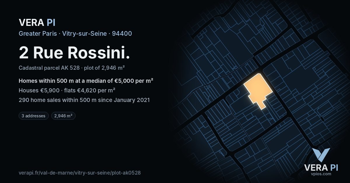 2 Rue Rossini, Vitry-sur-Seine at night – the plot lit, the parcels around coloured by the prices near them