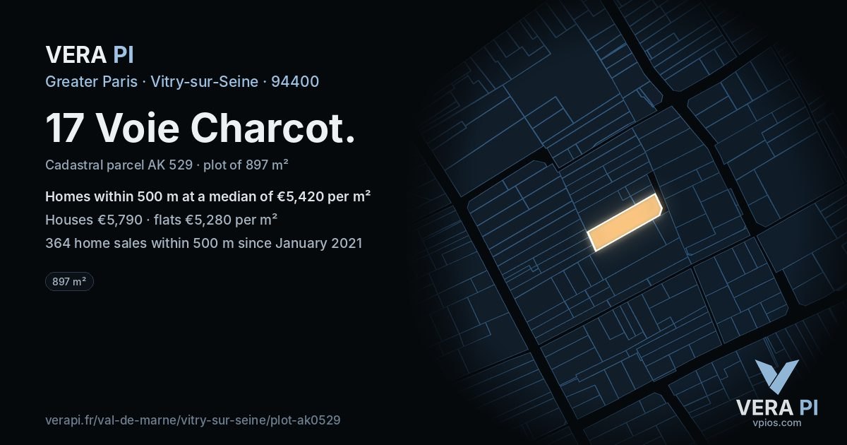 17 Voie Charcot, Vitry-sur-Seine at night – the plot lit, the parcels around coloured by the prices near them