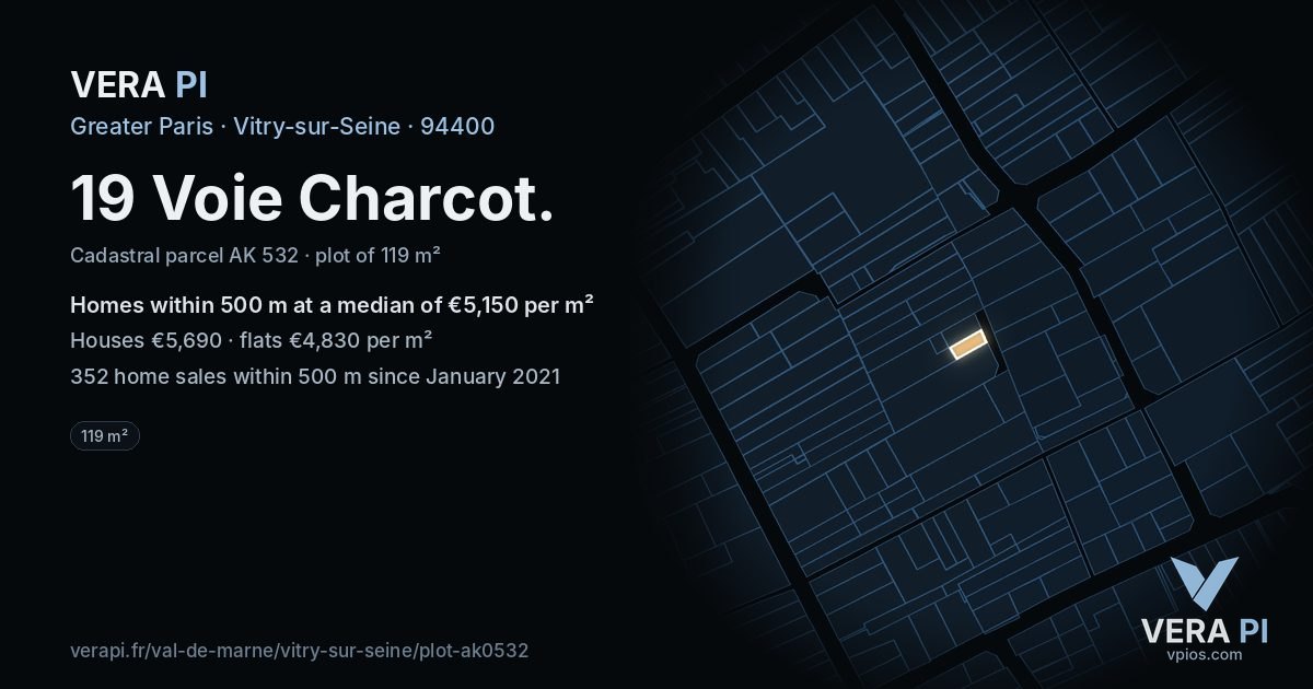 19 Voie Charcot, Vitry-sur-Seine at night – the plot lit, the parcels around coloured by the prices near them