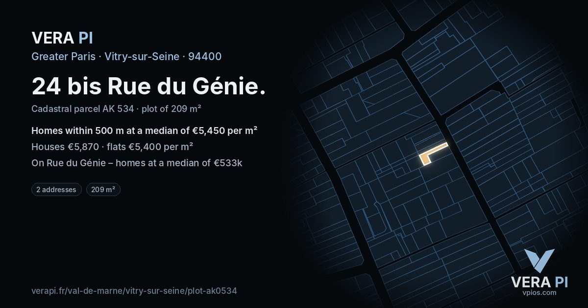 24 bis Rue du Génie, Vitry-sur-Seine at night – the plot lit, the parcels around coloured by the prices near them