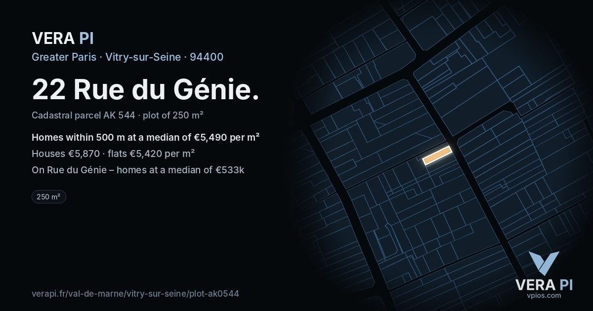 22 Rue du Génie, Vitry-sur-Seine at night – the plot lit, the parcels around coloured by the prices near them