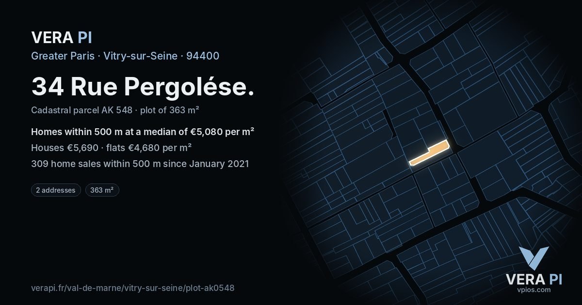34 Rue Pergolése, Vitry-sur-Seine at night – the plot lit, the parcels around coloured by the prices near them