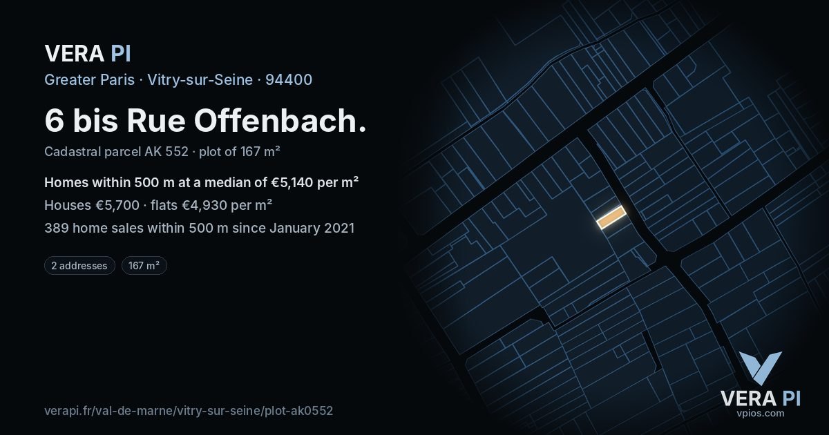 6 bis Rue Offenbach, Vitry-sur-Seine at night – the plot lit, the parcels around coloured by the prices near them