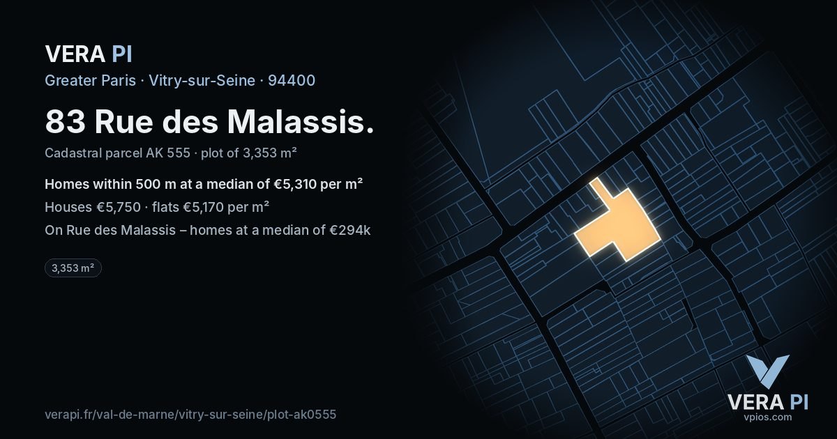 83 Rue des Malassis, Vitry-sur-Seine at night – the plot lit, the parcels around coloured by the prices near them