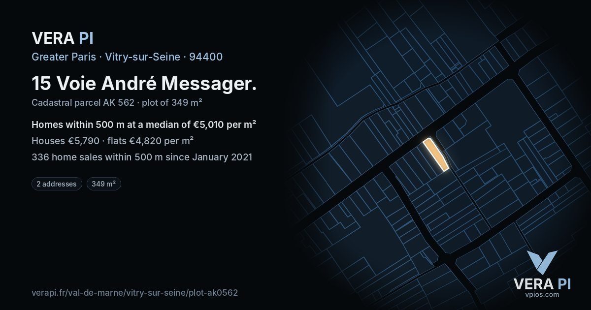 15 Voie André Messager, Vitry-sur-Seine at night – the plot lit, the parcels around coloured by the prices near them
