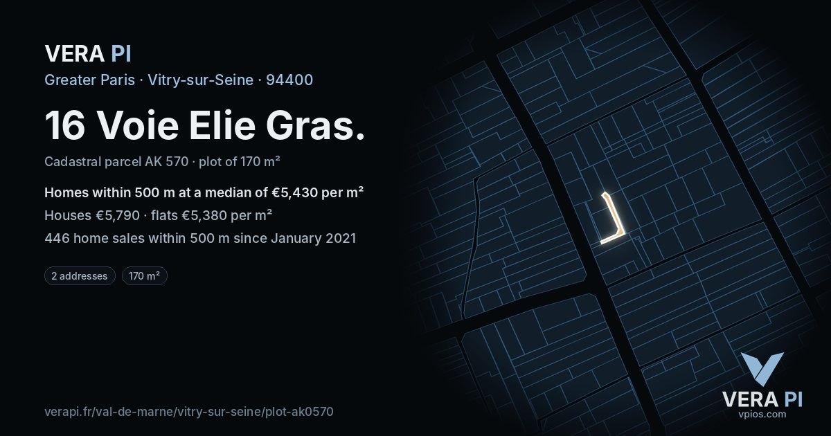 16 Voie Elie Gras, Vitry-sur-Seine at night – the plot lit, the parcels around coloured by the prices near them