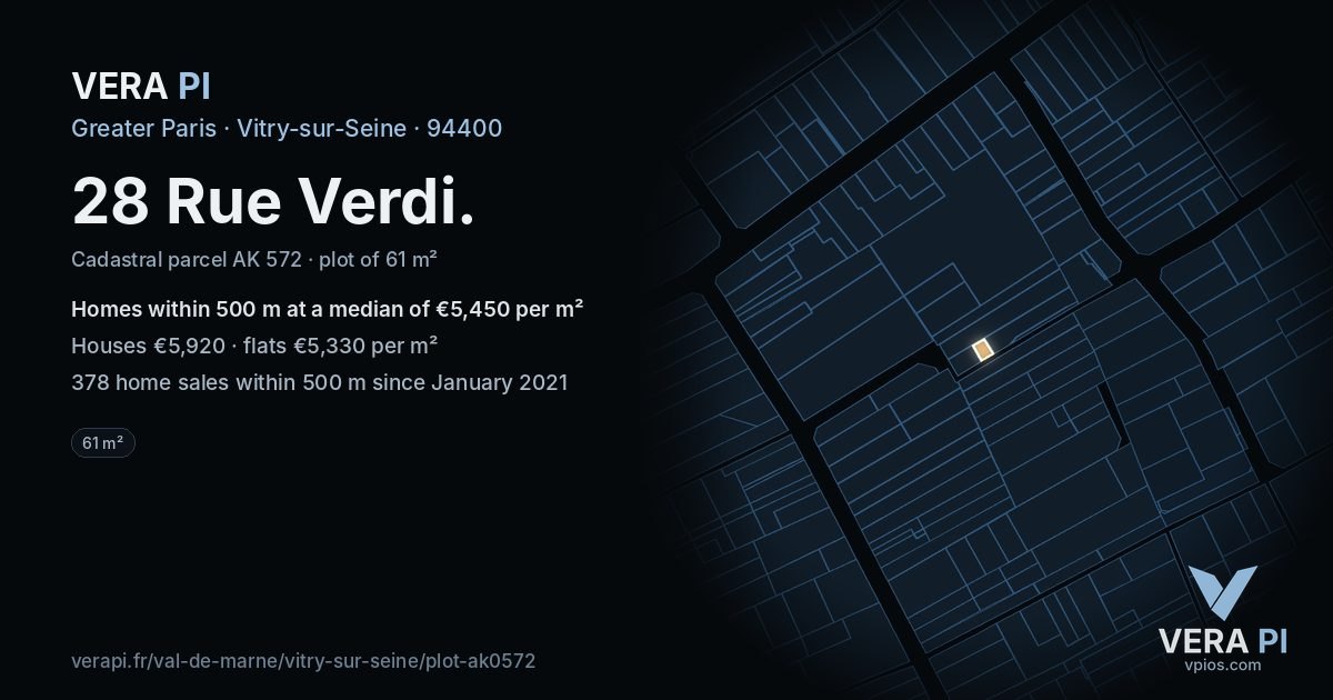 28 Rue Verdi, Vitry-sur-Seine at night – the plot lit, the parcels around coloured by the prices near them